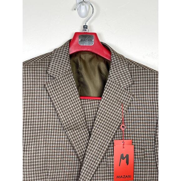 MAZARI Men's Taupe 3PC Modern Fit Gingham Check Paris Vested Suit 50R Pants 44 W - Picture 2 of 9